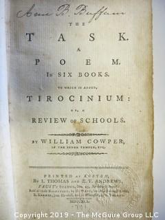 (4) Books: "Poems by William Cowper, Esquire"; "The Task: A Poem in Six Books.To Which is Added Tirocinium: A Review of Schools by William Cowper; 1791" (Boston); "Child at Home" by John S. C. Abbott; published by the American Tract Society; 1833; and "The New Testament"; published by The American Bible Society , 1861