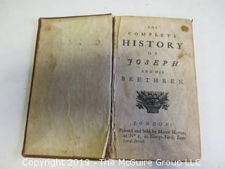 (3) Leather Bound Books: "A Collection of Hymns For the Use of the Methodist Episcopal Church; published by T. Mason and G. Lane, New York; 1838; "The Complete History of Joseph and His Brethren"; Londom; Printed and Sold by Mary Hinde