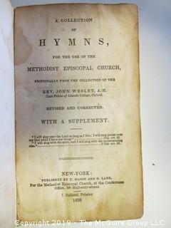 (3) Leather Bound Books: "A Collection of Hymns For the Use of the Methodist Episcopal Church; published by T. Mason and G. Lane, New York; 1838; "The Complete History of Joseph and His Brethren"; Londom; Printed and Sold by Mary Hinde