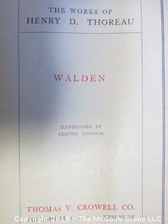 (4) Books: "Walden", by Henry D. Thoreau; copyright 1910 by Thomas Y. Crowell and Co.; "Treasure Island" by Robert Lewis Stephenson, published by Henry Altemus, Philadelphia; "Murders of The Rue Morgue" by Edgar Allen Poe,  printed and bound by Trow's, New York and published by John W. Lovell Co., New York;  "The Age of Fable" by Thomas Bulfinch, published by S. W. Titlon, Boston; 1881