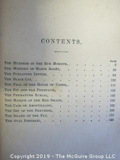 (4) Books: "Walden", by Henry D. Thoreau; copyright 1910 by Thomas Y. Crowell and Co.; "Treasure Island" by Robert Lewis Stephenson, published by Henry Altemus, Philadelphia; "Murders of The Rue Morgue" by Edgar Allen Poe,  printed and bound by Trow's, New York and published by John W. Lovell Co., New York;  "The Age of Fable" by Thomas Bulfinch, published by S. W. Titlon, Boston; 1881