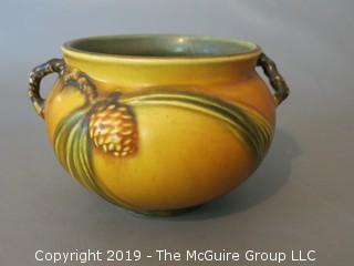 Double Handled Hand Painted Roseville Art Pottery Bowl w/ Pinecone pattern in green and amber  