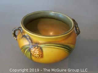 Double Handled Hand Painted Roseville Art Pottery Bowl w/ Pinecone pattern in green and amber  