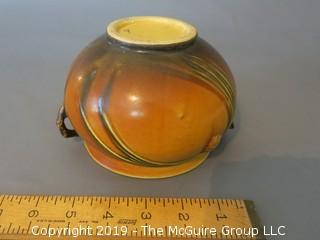 Double Handled Hand Painted Roseville Art Pottery Bowl w/ Pinecone pattern in green and amber  