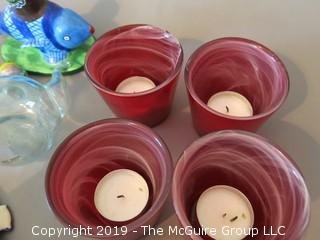 Collection including Royal Doulton Toby Mug, 3 hand blown clear glass containers and 4 candles