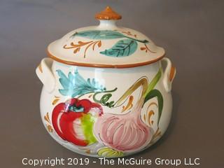 Double Handled Faience Painted Covered Tureen with hand painted floral motif; marked Italy on base; 9" diameter 