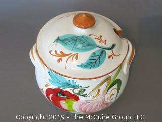 Double Handled Faience Painted Covered Tureen with hand painted floral motif; marked Italy on base; 9" diameter 