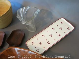 Collection of wooden salad bowls and clear crystal glass vase (red on white relish tray not included in Lot 46.  It has been moved to Lot 47) (Description Altered 6.12 @ 8:31am ET) 