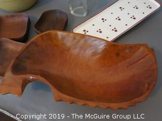 Collection of wooden salad bowls and clear crystal glass vase (red on white relish tray not included in Lot 46.  It has been moved to Lot 47) (Description Altered 6.12 @ 8:31am ET) 