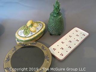 Collection including Laurie Gates elevated tart plate,ceramic pineapple form covered jar and oblong double handled ceramic covered tureen with lemon motif; and relish tray marked ZELL (Description Altered: 6.13 @ 3:31pm ET) 