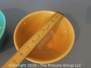 Collection including two glazed ceramic kitchen mixing bowls and set of (6) colored pressed glass stems 