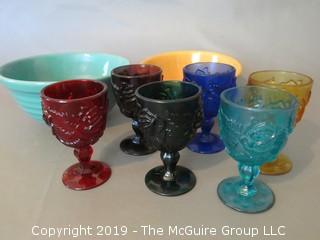 Collection including two glazed ceramic kitchen mixing bowls and set of (6) colored pressed glass stems 