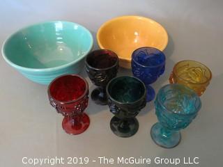 Collection including two glazed ceramic kitchen mixing bowls and set of (6) colored pressed glass stems 