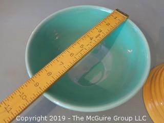 Collection including two glazed ceramic kitchen mixing bowls and set of (6) colored pressed glass stems 