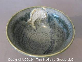 Glazed Art Pottery Bowl with 3-D fish near rim; marked on base; 7 1/2" diameter at rim (Description Altered 6.11 @ 5:10pm ET)