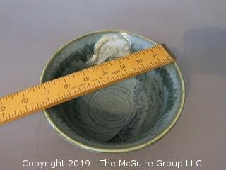 Glazed Art Pottery Bowl with 3-D fish near rim; marked on base; 7 1/2" diameter at rim (Description Altered 6.11 @ 5:10pm ET)