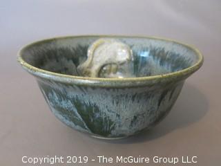 Glazed Art Pottery Bowl with 3-D fish near rim; marked on base; 7 1/2" diameter at rim (Description Altered 6.11 @ 5:10pm ET)