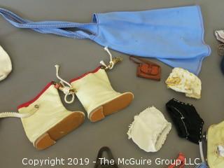 Collection of doll clothes and accessories; includes Vogue box and contents as well as 1935 Raggedy Ann Coin Purse