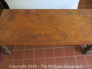 Hand-Tooled Leather covered rectangular coffee table, raised on turned legs