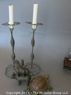 Collection including pair of candle-stands, articulating turtle and metal scupture of cow/pig/chicken