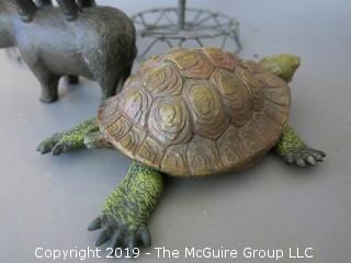 Collection including pair of candle-stands, articulating turtle and metal scupture of cow/pig/chicken