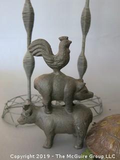 Collection including pair of candle-stands, articulating turtle and metal scupture of cow/pig/chicken