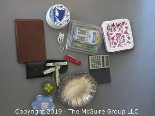 Collection including Wedgwood, trinket box, TI -1766 calculator, Italian ceramic plate, battery charger, mother of pearl covered pocket knives and set of 8 ceramic coasters 