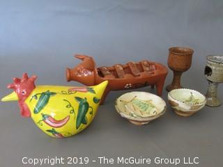 Collection including handpainted ceramic rooster, (2) chalices and (2) ceramic "fish" bowls