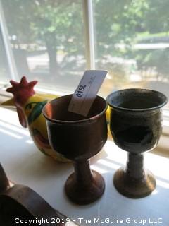 Collection including handpainted ceramic rooster, (2) chalices and (2) ceramic "fish" bowls