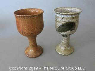 Collection including handpainted ceramic rooster, (2) chalices and (2) ceramic "fish" bowls