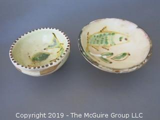 Collection including handpainted ceramic rooster, (2) chalices and (2) ceramic "fish" bowls