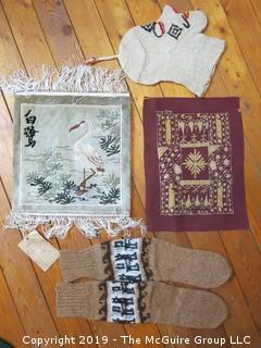 Collection of handwovens; needlework and printing on silk