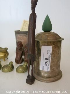 Collection including Jakarta Police Whistle and metal camel-form candlesticks