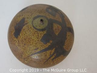 Hand-thrown ceramic decorative glazed pot; 7"W at base