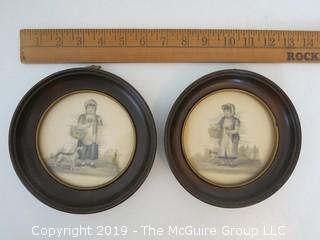 Pair of framed pen and ink drawings under glass