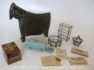 Collection including ceramic animal form bank, roll-top 2 deck playing card holder, miniature Electrolux and glass display boxes 