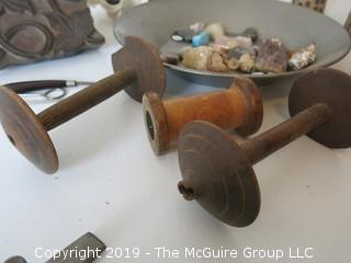 Collection including antique wood-block, spools, ceramic dolls, geodes, shells and textile tools