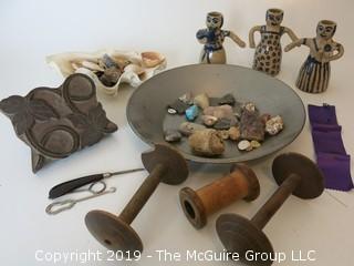 Collection including antique wood-block, spools, ceramic dolls, geodes, shells and textile tools