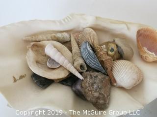 Collection including antique wood-block, spools, ceramic dolls, geodes, shells and textile tools