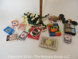 Collection including various packs of vintage playing cards and dice