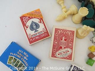 Collection including various packs of vintage playing cards and dice