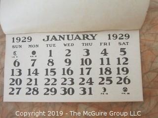 Collection including a box of toilet pins, spools with brass locking rings, 1929 wall calendar and a woven pith helmut