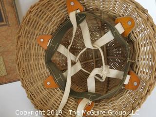 Collection including a box of toilet pins, spools with brass locking rings, 1929 wall calendar and a woven pith helmut