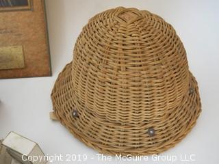 Collection including a box of toilet pins, spools with brass locking rings, 1929 wall calendar and a woven pith helmut