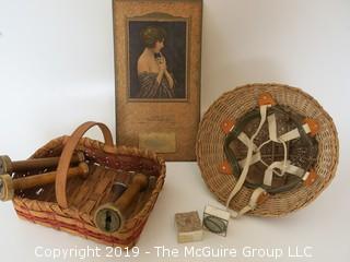 Collection including a box of toilet pins, spools with brass locking rings, 1929 wall calendar and a woven pith helmut