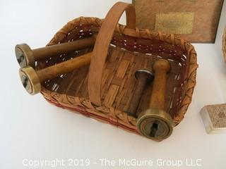 Collection including a box of toilet pins, spools with brass locking rings, 1929 wall calendar and a woven pith helmut