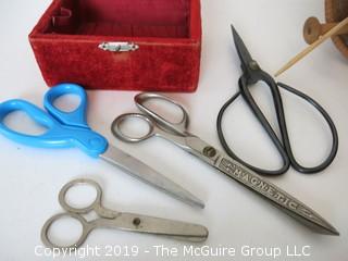 Collection of weaving and embroidery tools and upholstery scissors