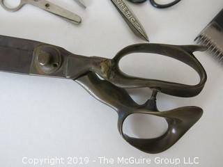 Collection of weaving and embroidery tools and upholstery scissors