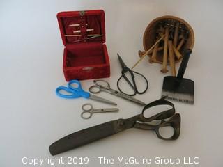 Collection of weaving and embroidery tools and upholstery scissors