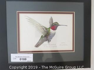 Framed Ruby Throated Hummingbird; signed and numbered colored print; under glass; 9 1/2 x 11 1/2"